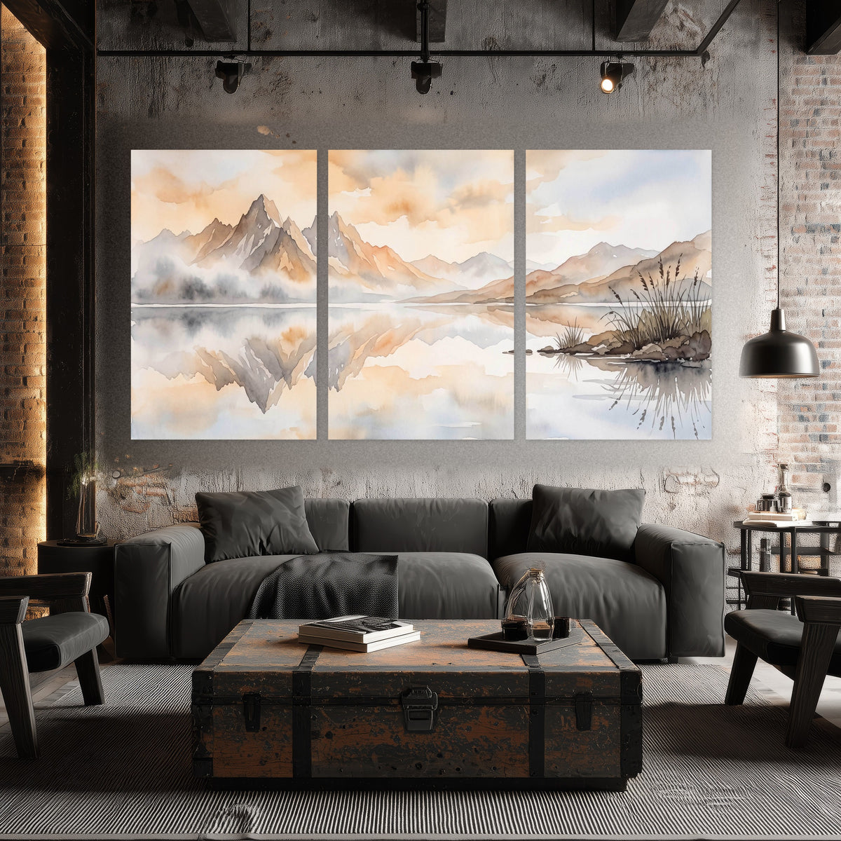 Watercolor mountain lake painting set of 3 poster prints in an industrial loft