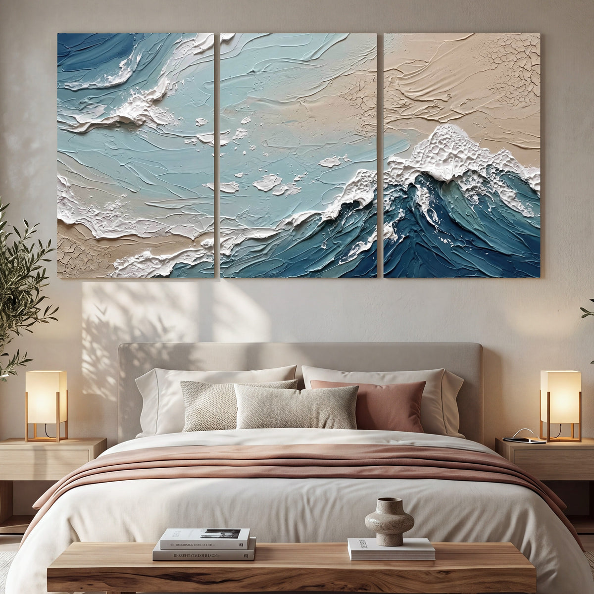 Textured ocean wave painting 3 piece canvas wall art in a bedroom above the bed