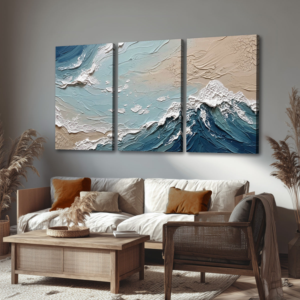 Textured ocean wave painting 3 piece canvas wall art in a rustic living room