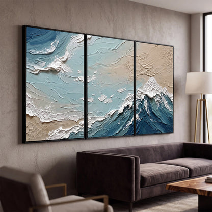 Textured ocean wave painting 3 piece canvas wall art in a modern living room