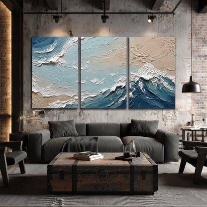 Textured ocean wave painting 3 piece canvas wall art in an industrial loft