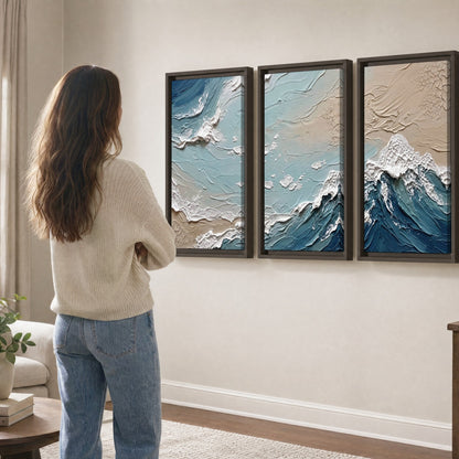 Textured ocean wave painting 3 piece framed canvas in a living room
