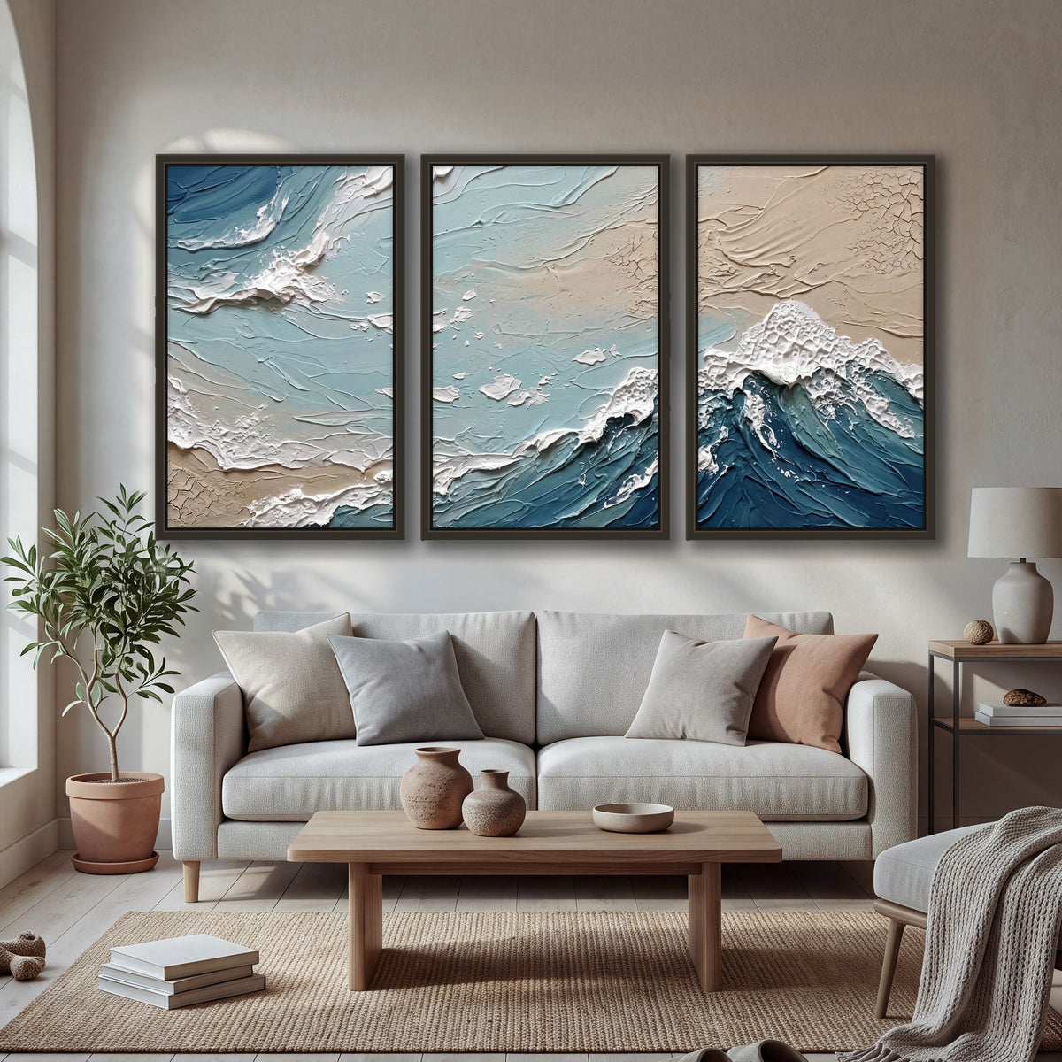 Textured ocean wave painting 3 piece framed canvas in a bright living room