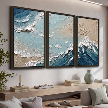 Textured ocean wave painting 3 piece framed canvas in a living room above a console