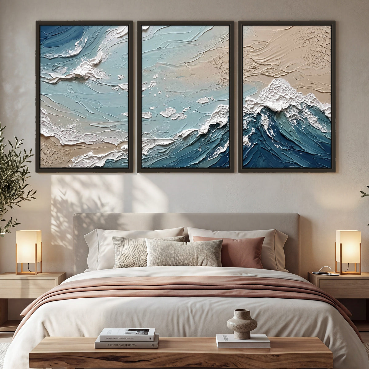 Textured ocean wave painting 3 piece framed canvas in a bedroom above the bed