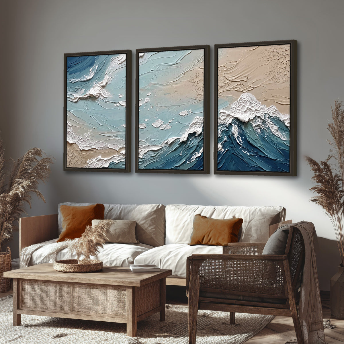 Textured ocean wave painting 3 piece framed canvas in a rustic living room