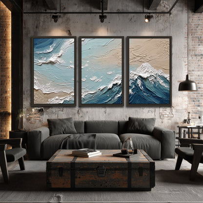 Textured ocean wave painting 3 piece framed canvas in an industrial loft