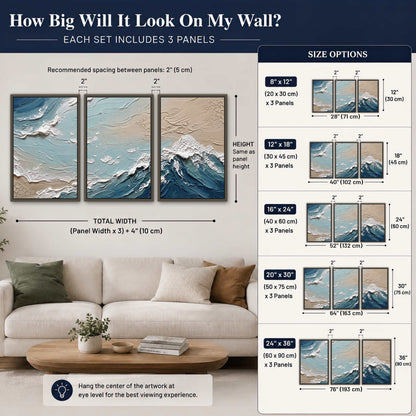 Textured ocean wave painting 3 piece framed canvas size guide above a sofa