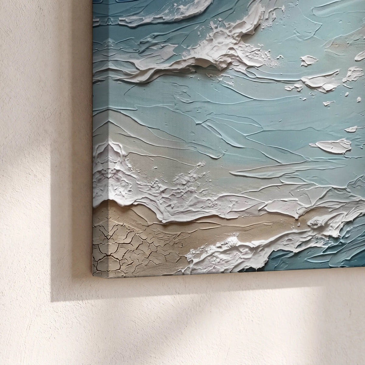 Textured ocean wave painting canvas print close-up showing the gallery-wrapped edge