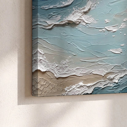 Textured ocean wave painting canvas print close-up showing the gallery-wrapped edge