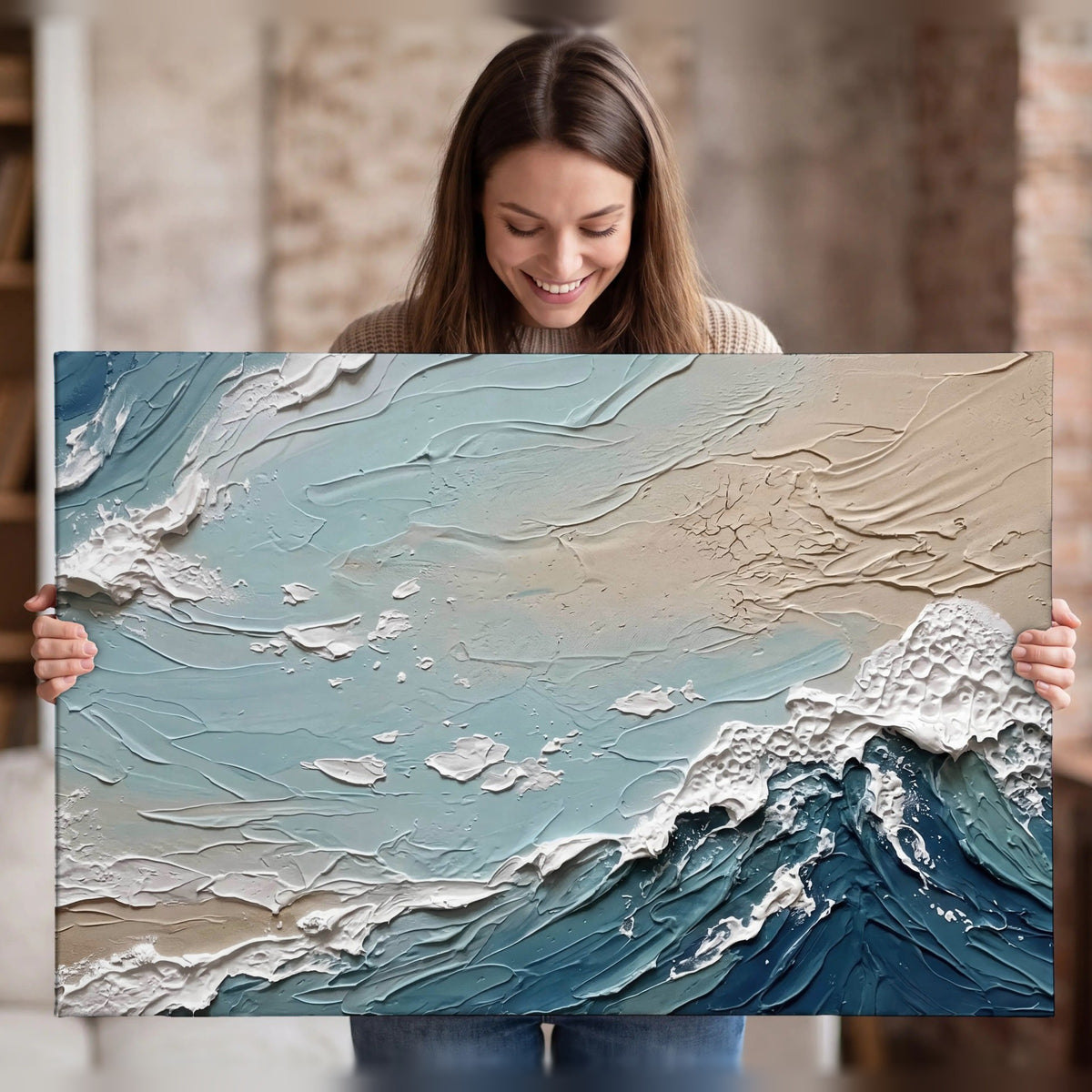 Textured ocean wave painting canvas wall art held in hands