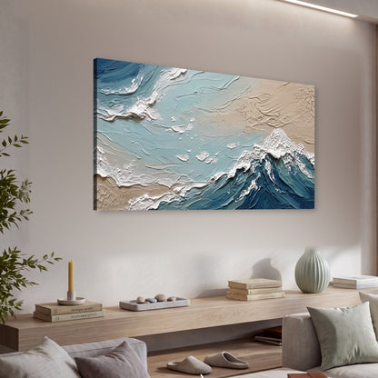Textured ocean wave painting canvas wall art in a living room above a console