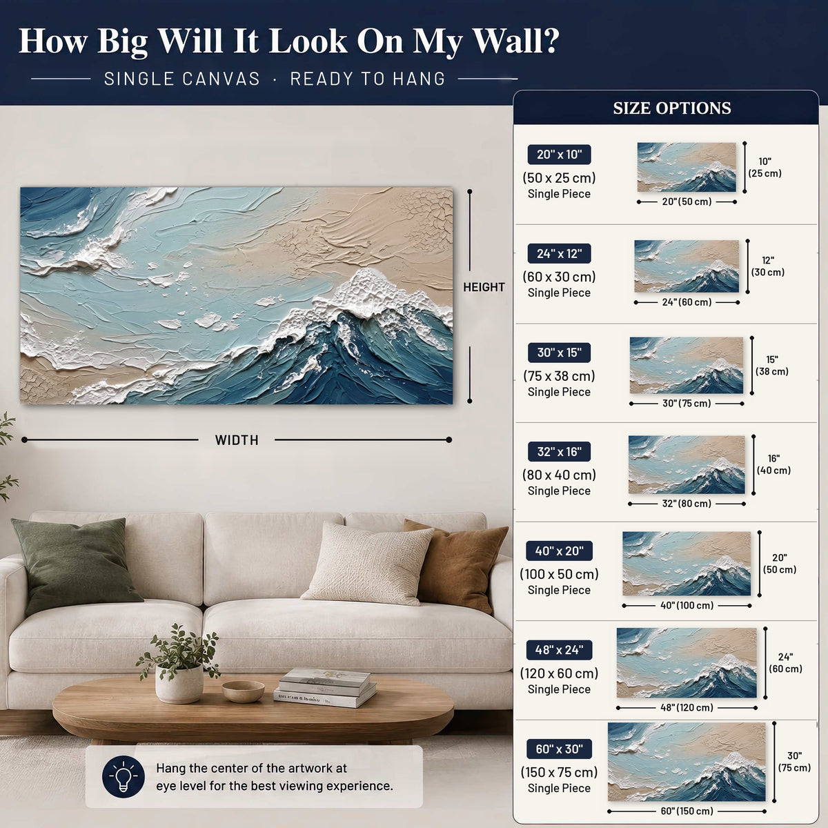 Textured ocean wave painting canvas wall art size guide above a sofa