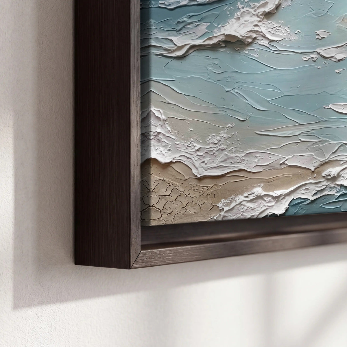 Textured ocean wave painting framed canvas close-up showing the floating frame