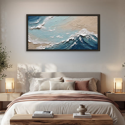 Textured ocean wave painting framed canvas wall art in a bedroom above the bed