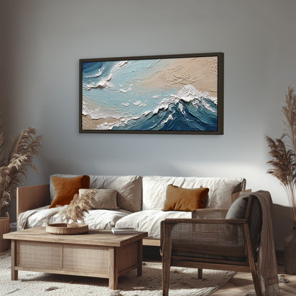 Textured ocean wave painting framed canvas wall art in a rustic living room