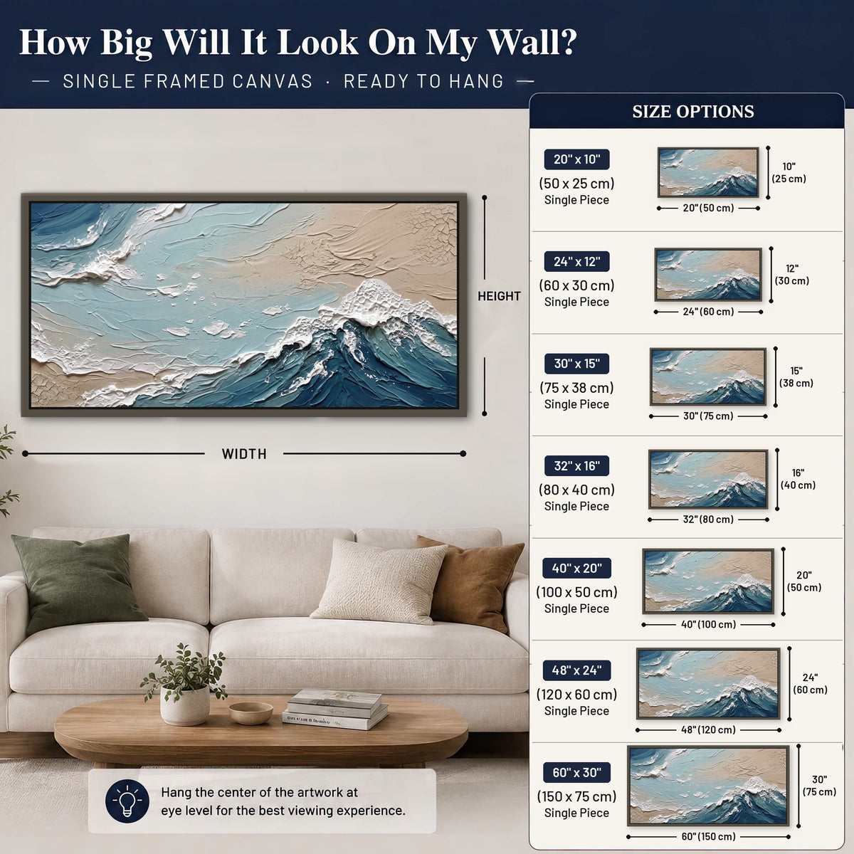 Textured ocean wave painting framed canvas wall art size guide above a sofa