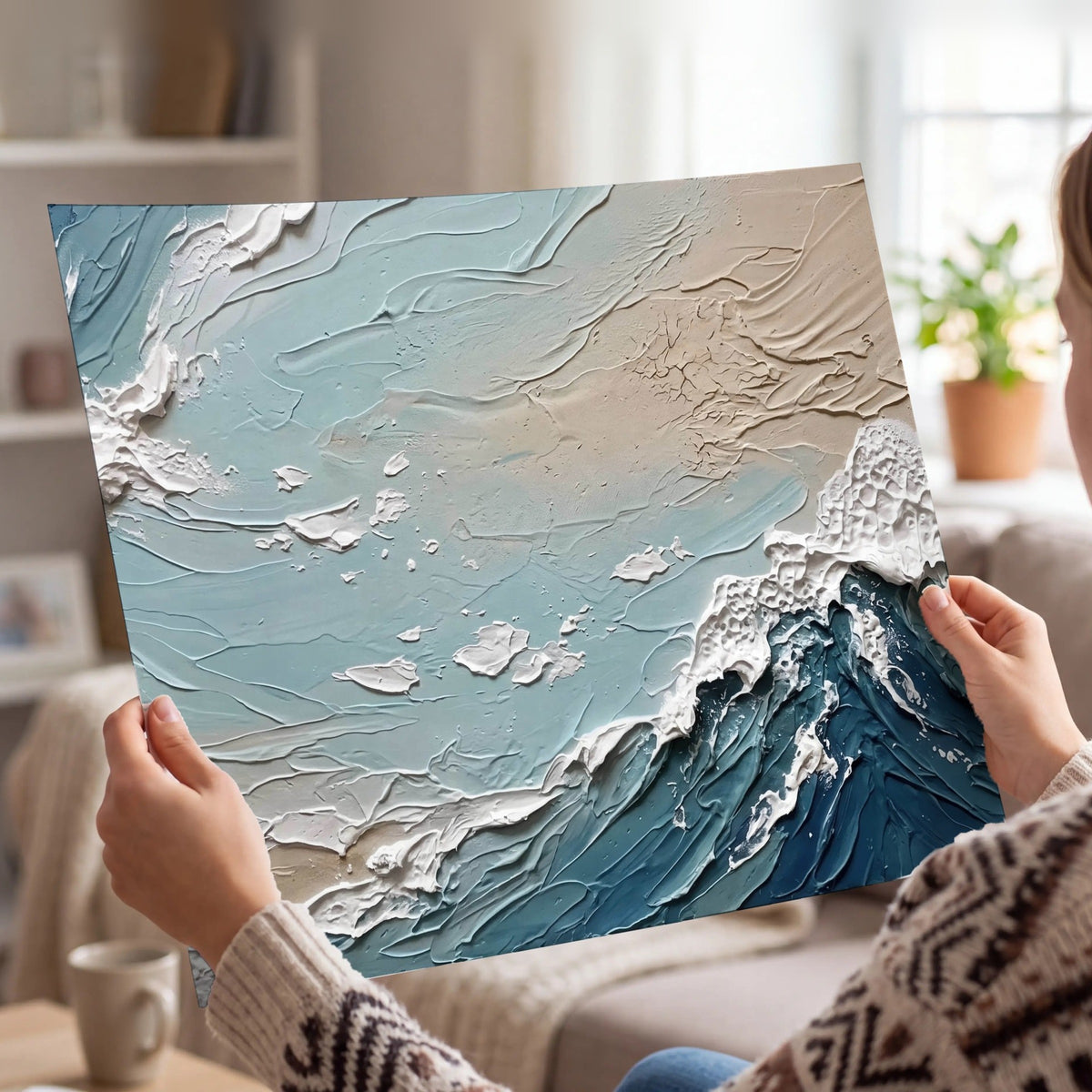 Textured ocean wave painting poster print held in hands