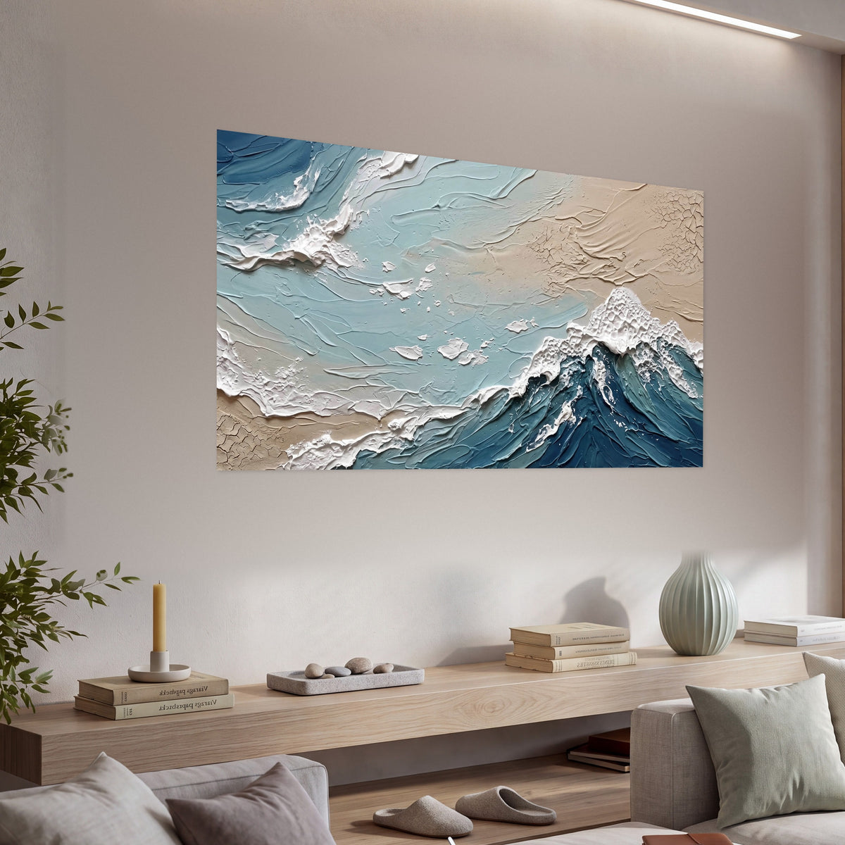 Textured ocean wave painting poster print in a living room above a console