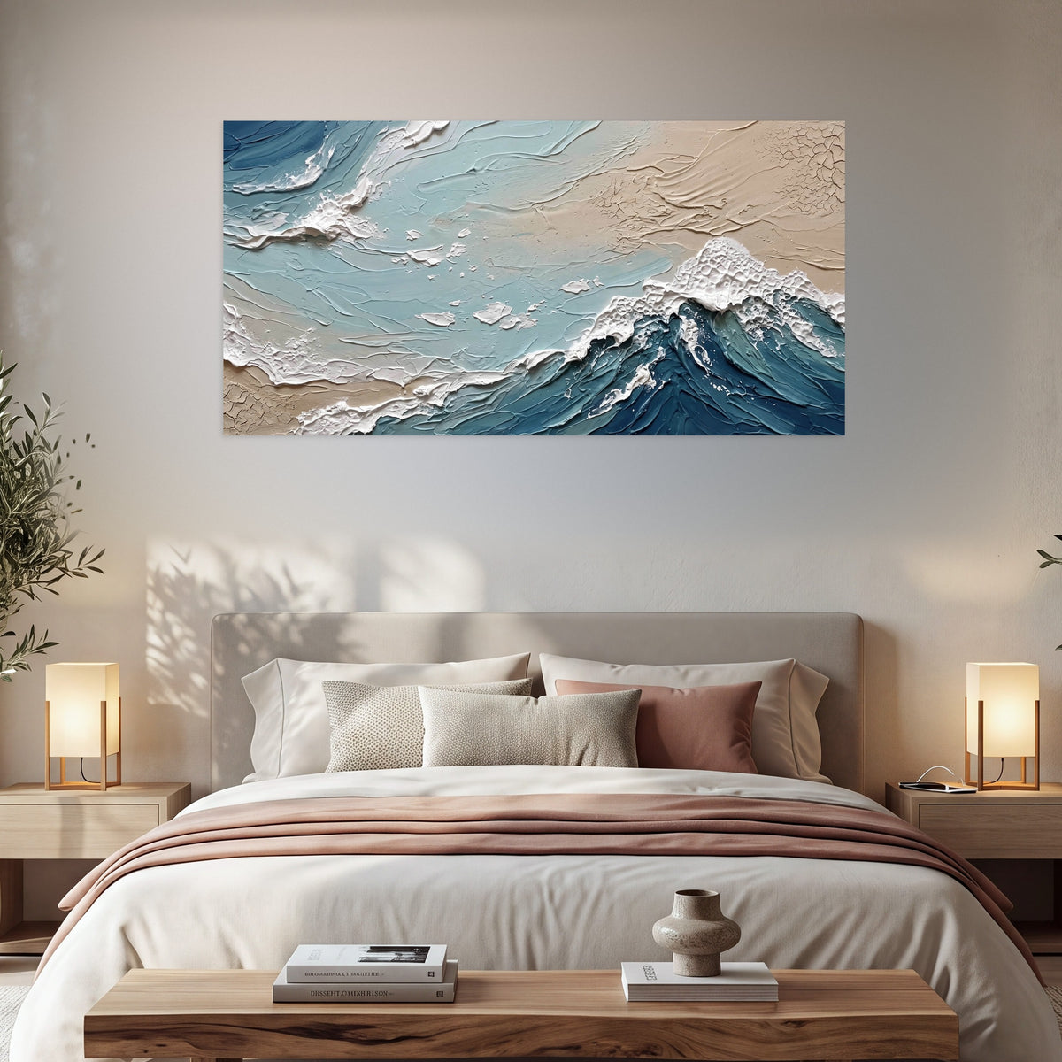 Textured ocean wave painting poster print in a bedroom above the bed