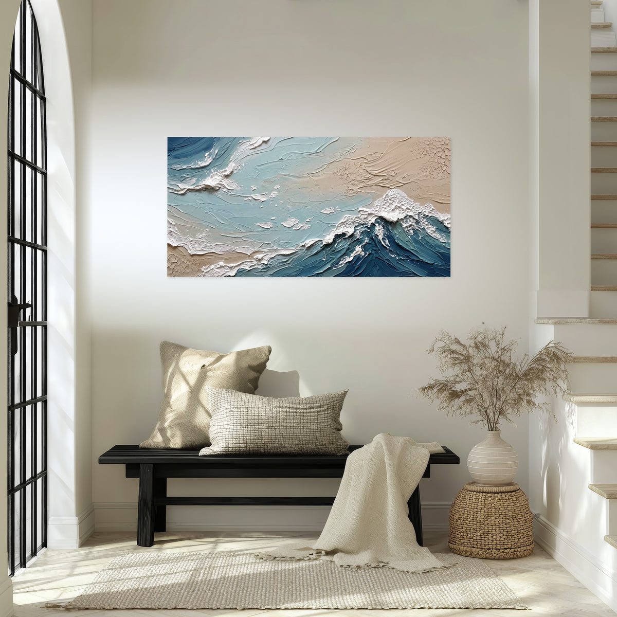 Textured ocean wave painting poster print in an entryway above a bench