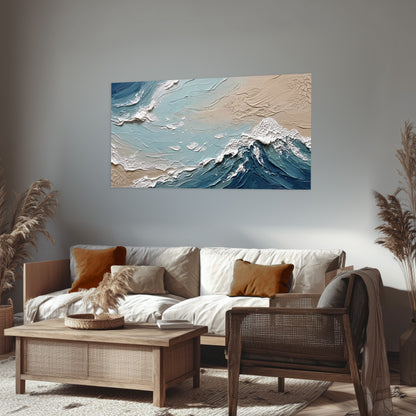 Textured ocean wave painting poster print in a rustic living room