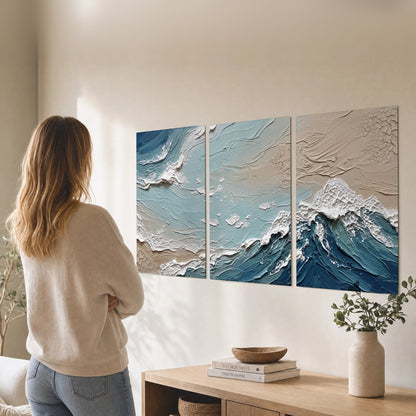 Textured ocean wave painting set of 3 poster prints in a living room