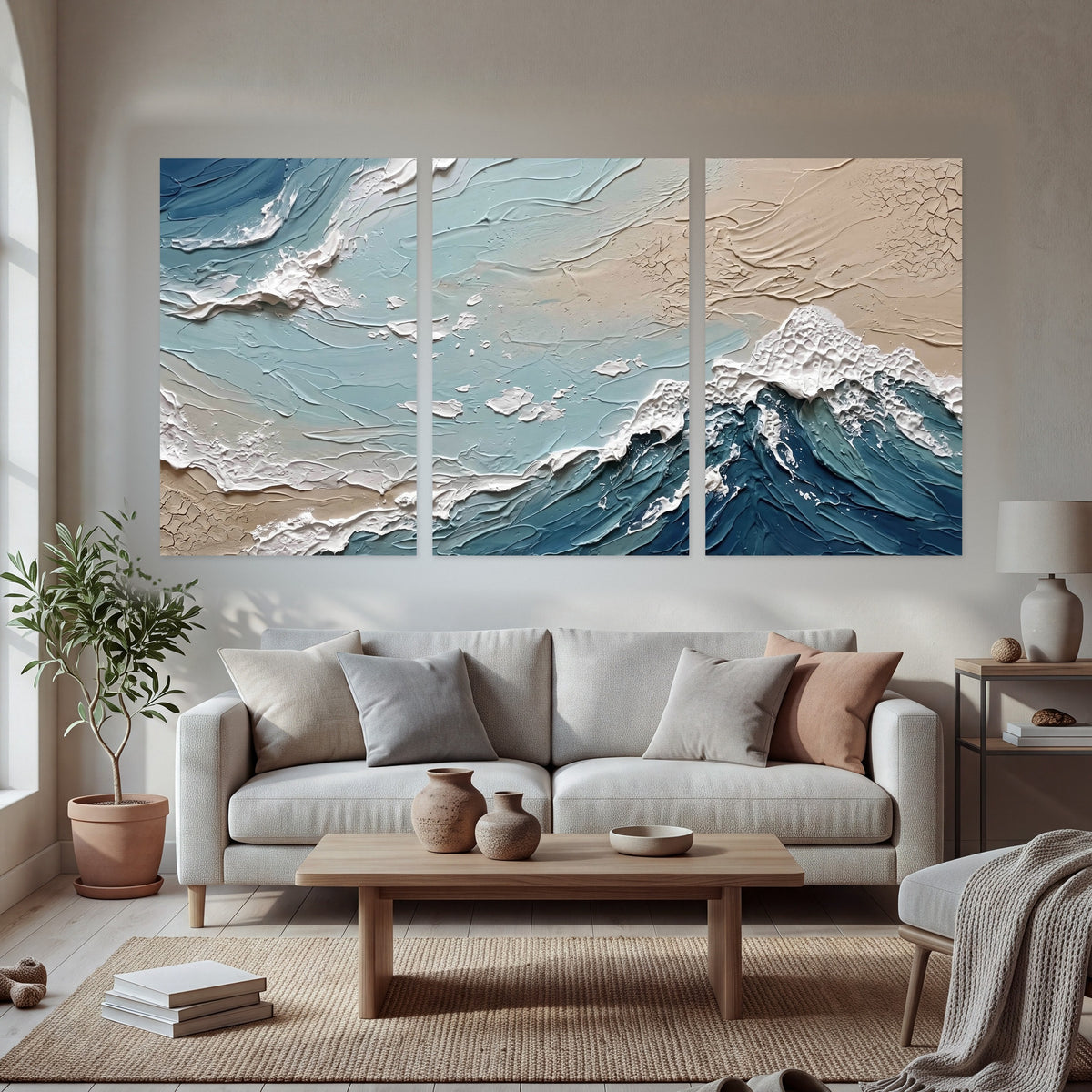 Textured ocean wave painting set of 3 poster prints in a bright living room
