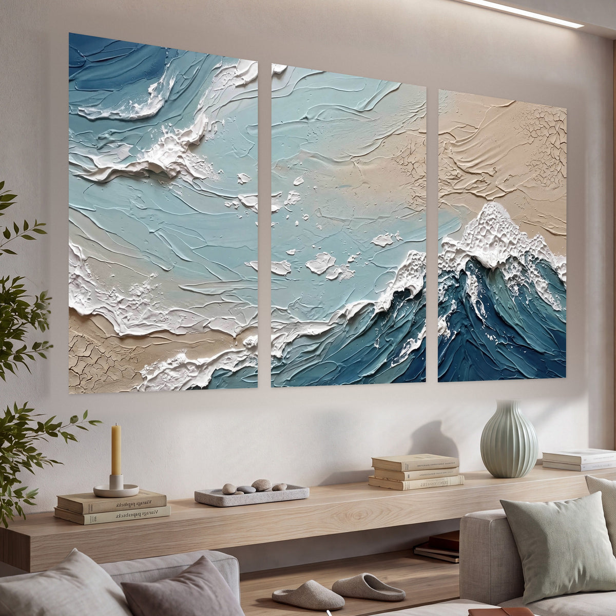 Textured ocean wave painting set of 3 poster prints in a living room above a console