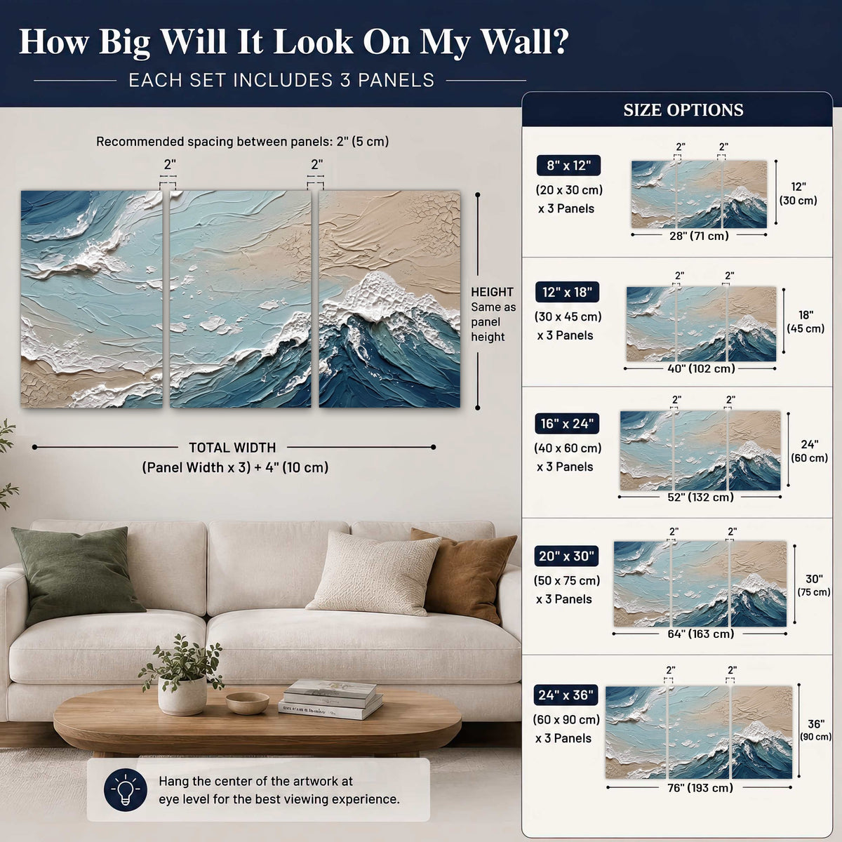 Textured ocean wave painting set of 3 poster prints size guide above a sofa