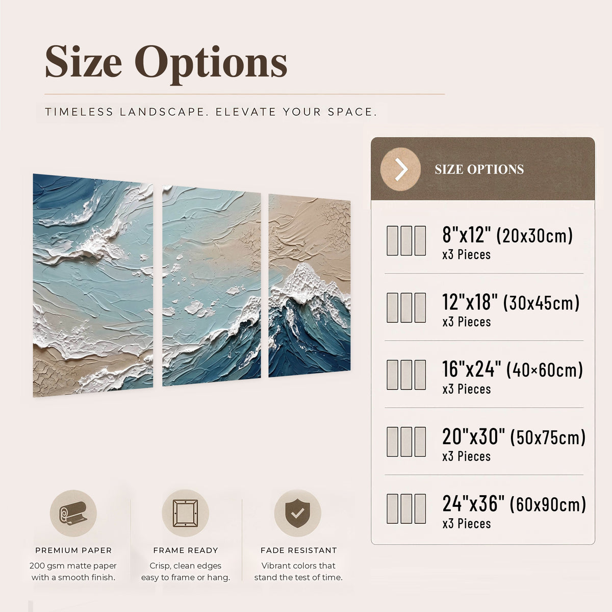 Textured ocean wave painting set of 3 poster prints size options