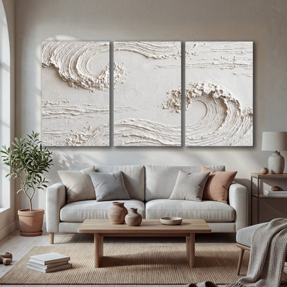 White plaster wave art 3 piece canvas wall art in a bright living room