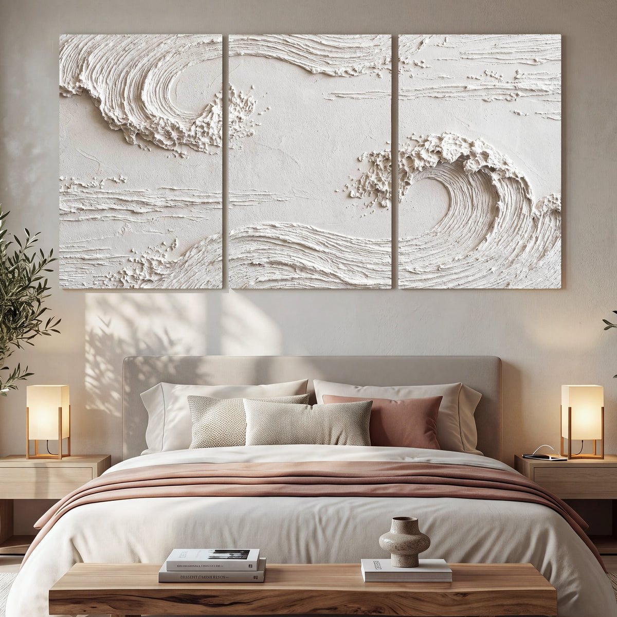 White plaster wave art 3 piece canvas wall art in a bedroom above the bed