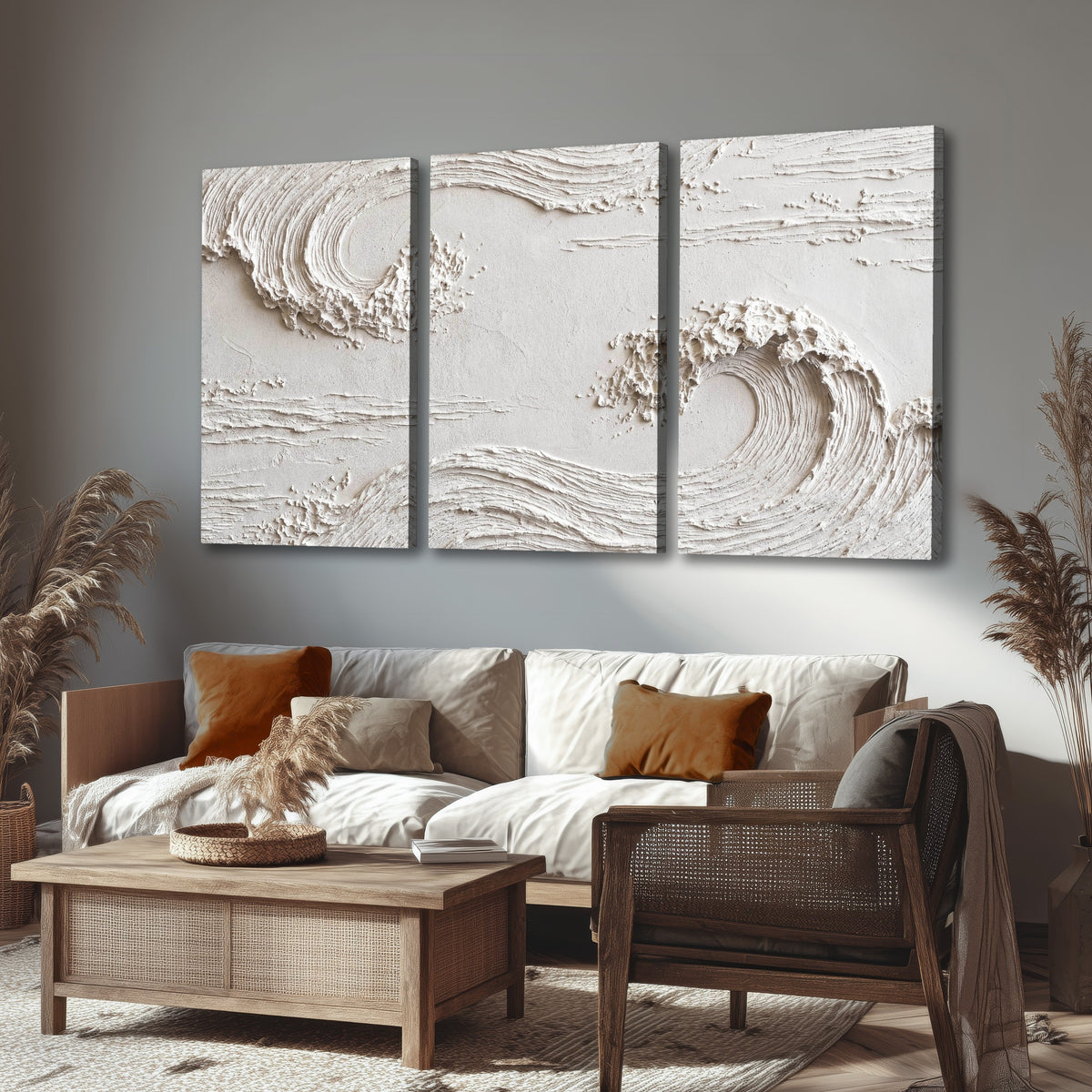 White plaster wave art 3 piece canvas wall art in a rustic living room