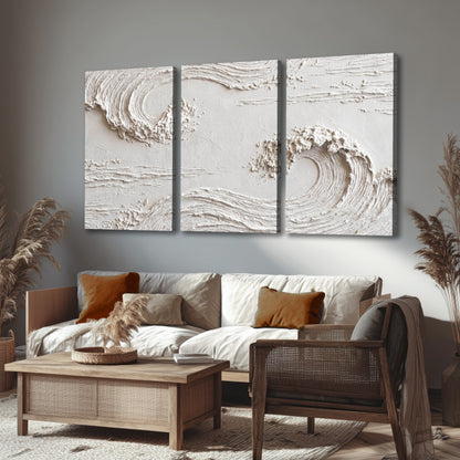 White plaster wave art 3 piece canvas wall art in a rustic living room