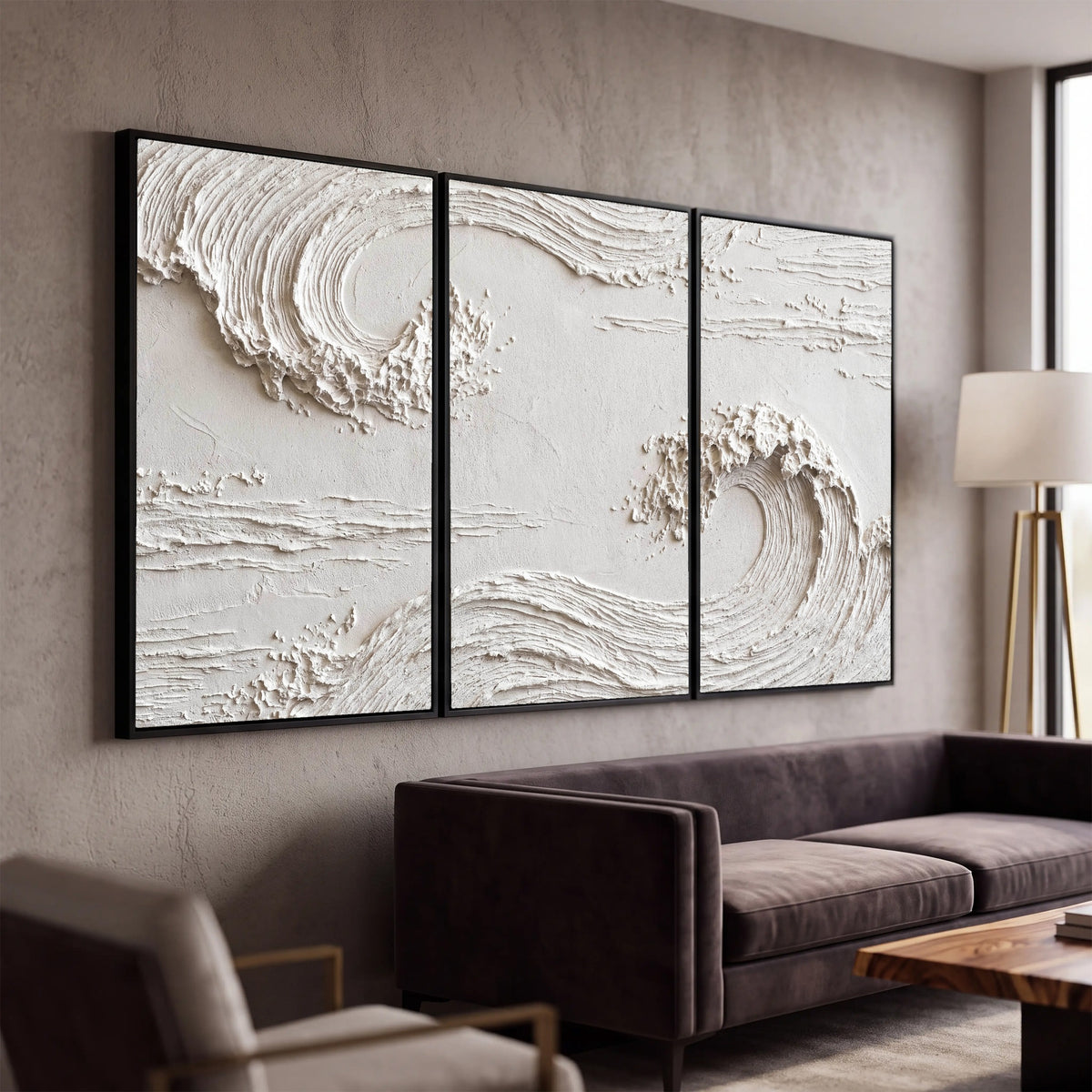 White plaster wave art 3 piece canvas wall art in a modern living room
