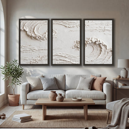 White plaster wave art 3 piece framed canvas in a bright living room