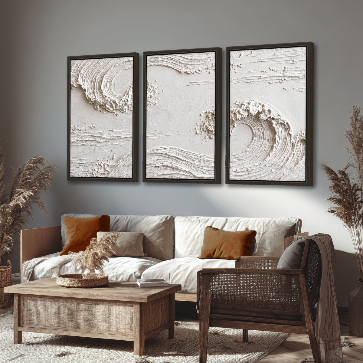 White plaster wave art 3 piece framed canvas in a rustic living room