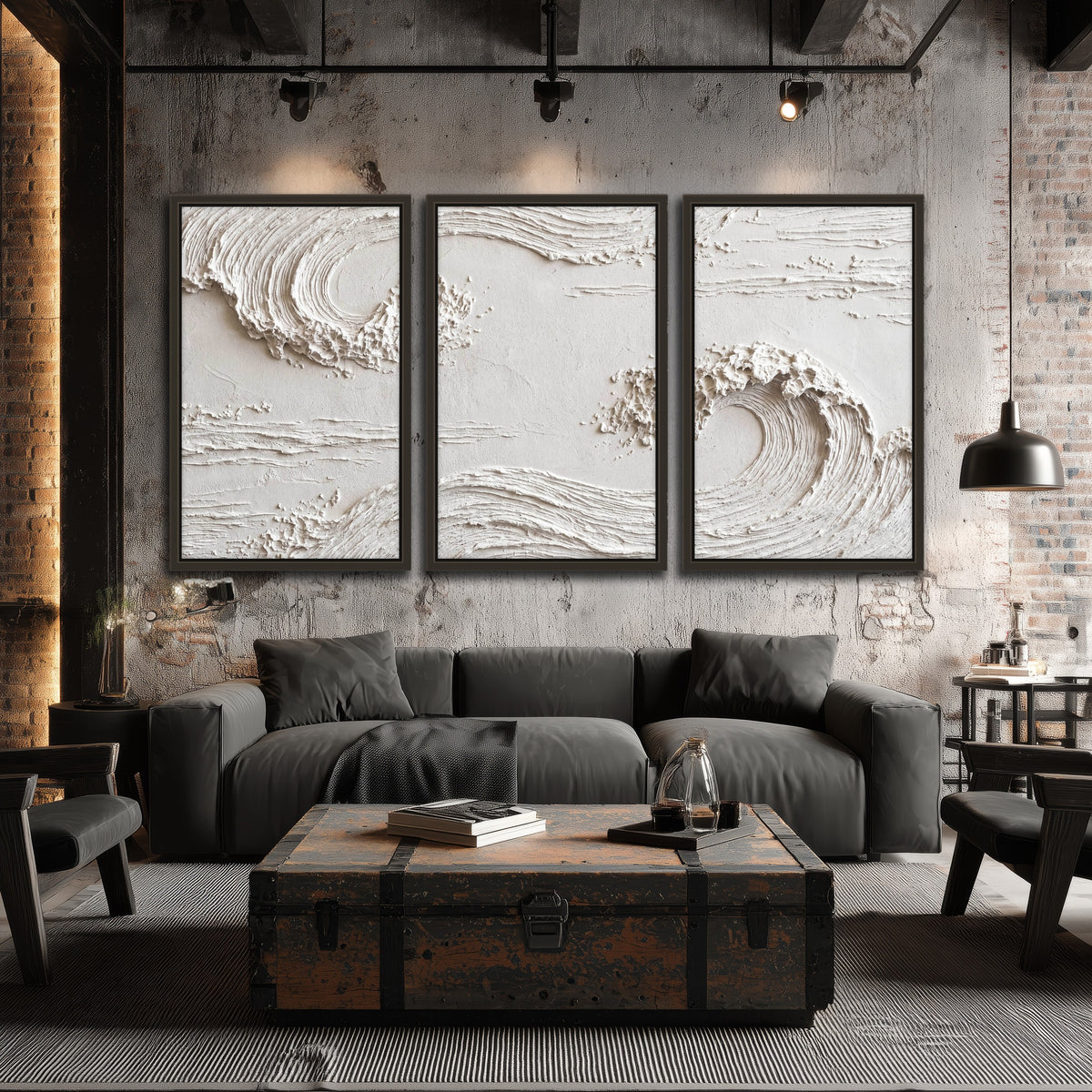 White plaster wave art 3 piece framed canvas in an industrial loft