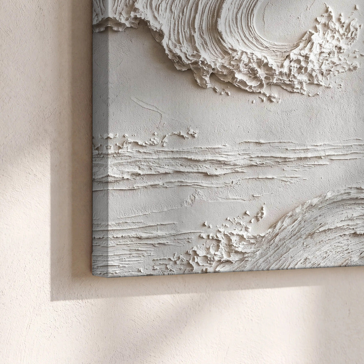 White plaster wave art canvas print close-up showing the gallery-wrapped edge