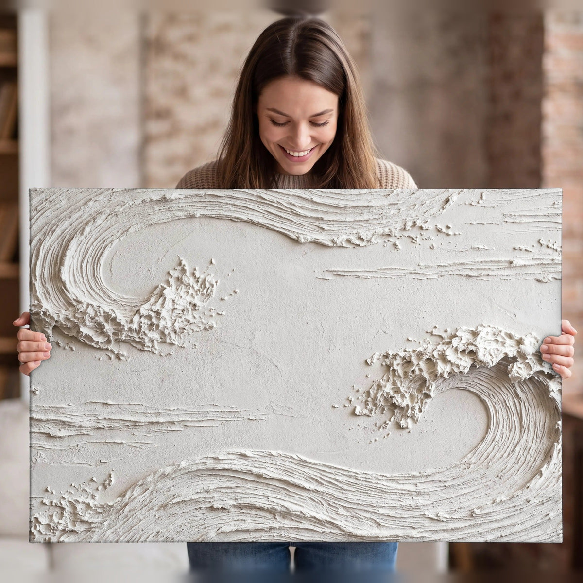 White plaster wave art canvas wall art held in hands