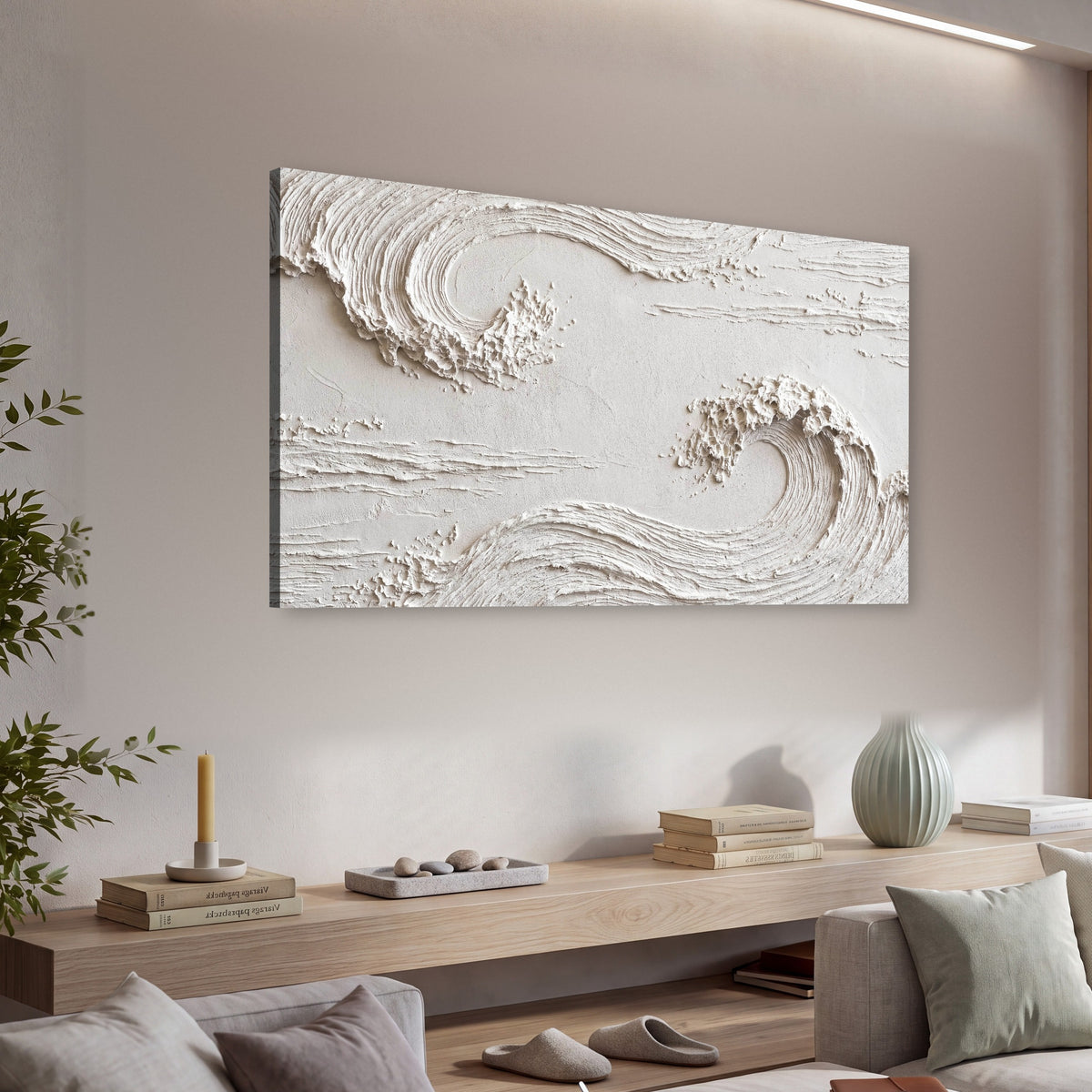 White plaster wave art canvas wall art in a living room above a console