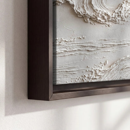White plaster wave art framed canvas close-up showing the floating frame