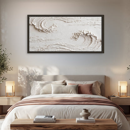 White plaster wave art framed canvas wall art in a bedroom above the bed