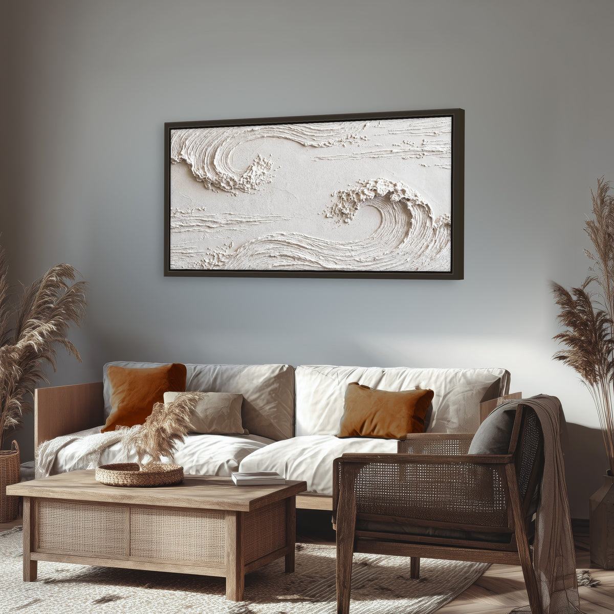 White plaster wave art framed canvas wall art in a rustic living room
