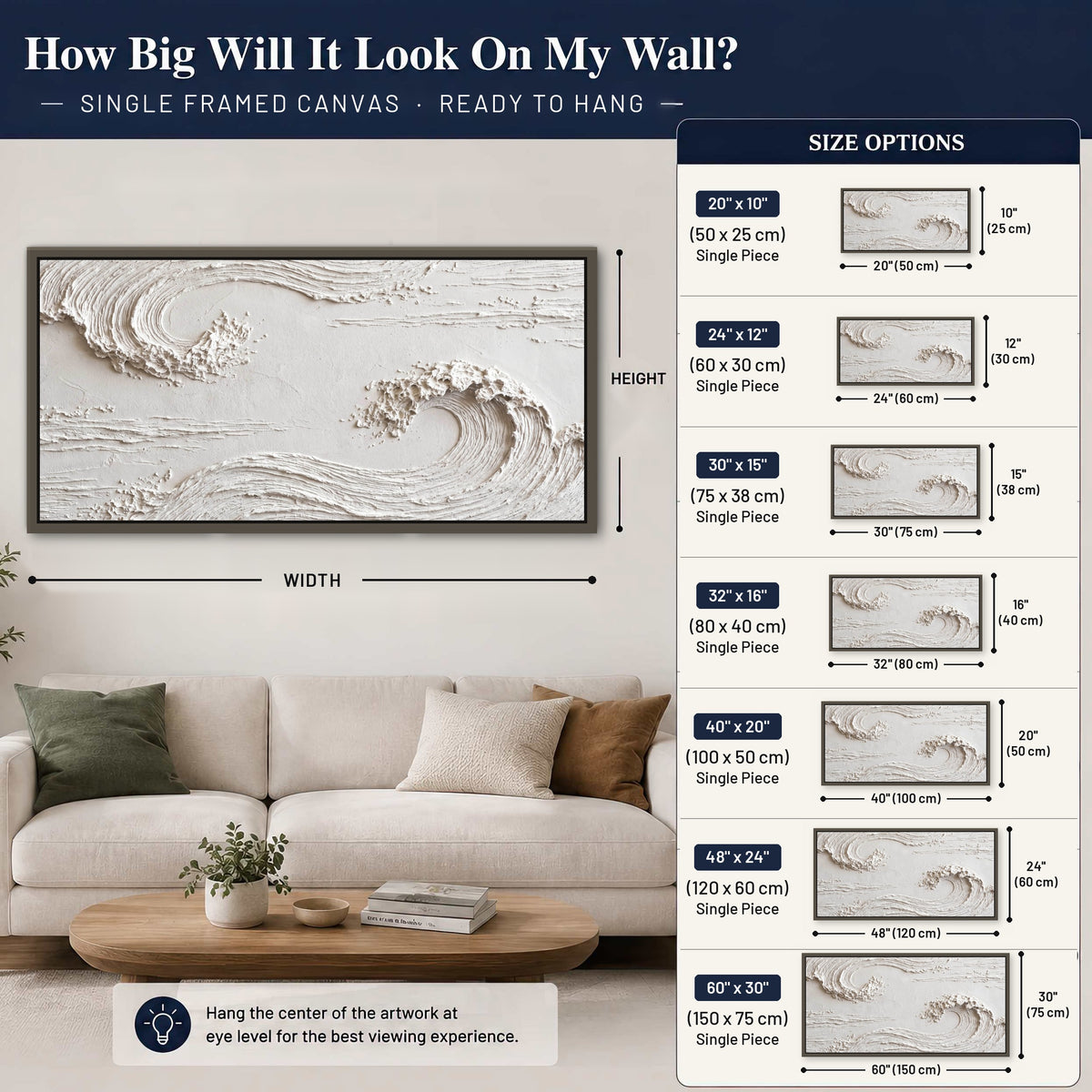 White plaster wave art framed canvas wall art size guide above a sofa