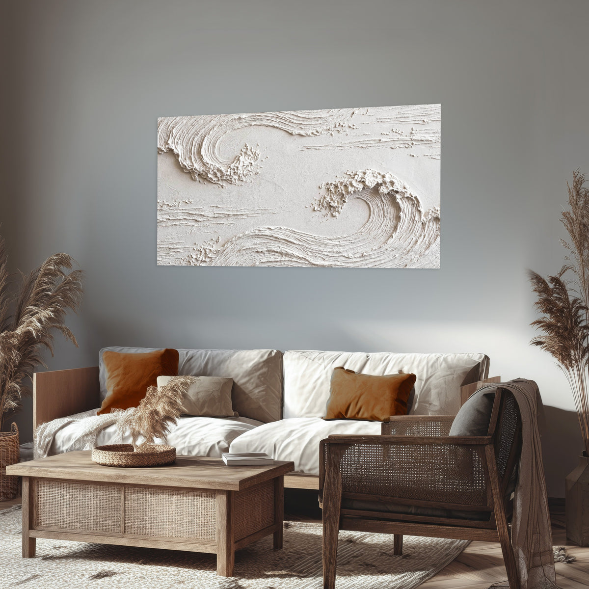 White plaster wave art poster print in a rustic living room