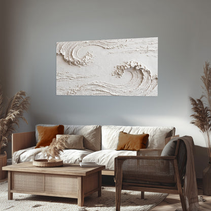 White plaster wave art poster print in a rustic living room
