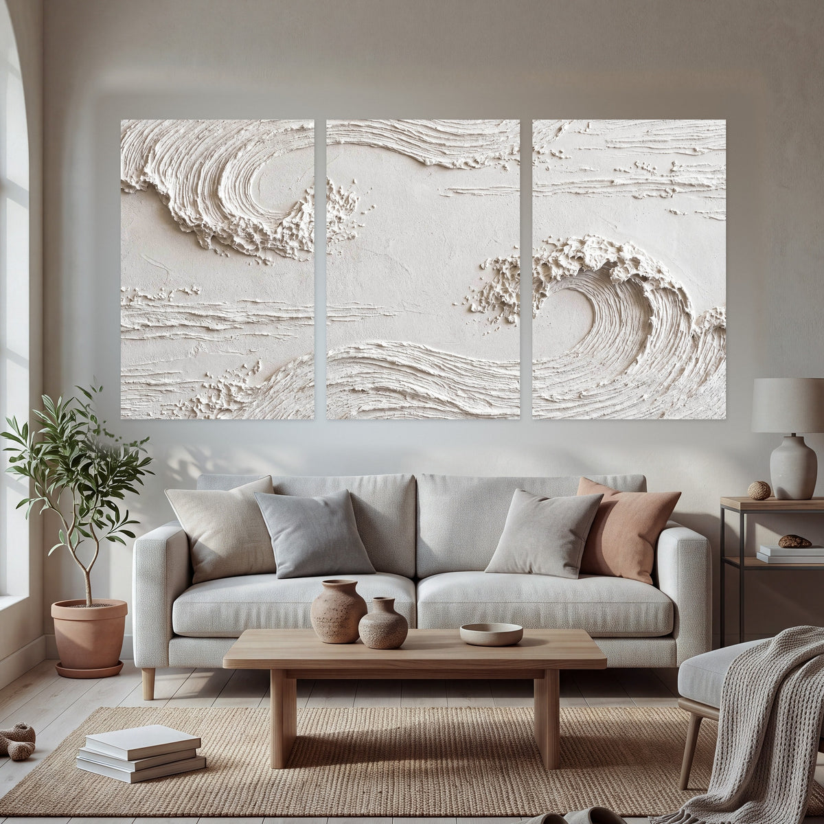 White plaster wave art set of 3 poster prints in a bright living room