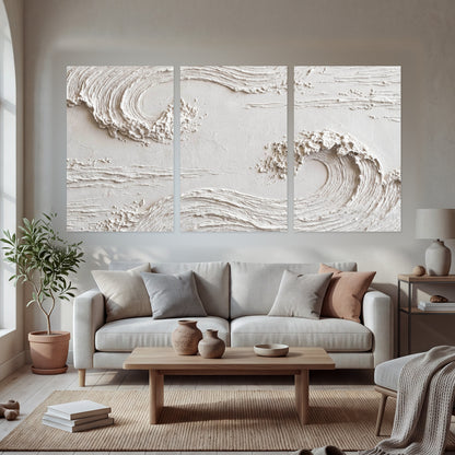 White plaster wave art set of 3 poster prints in a bright living room
